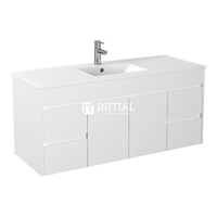 Gloss White PVC Wall Hung Vanity with 2 Doors and 4 Drawers Single Bowl 1190W X 500H X 455D , Cabinet Only