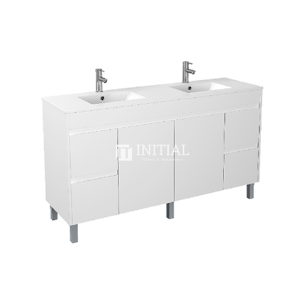 Gloss White PVC Freestanding Floor Vanity with 2 Doors and 4 Drawers Double Bowls 1490W X 850H X 455D , Cabinet Only
