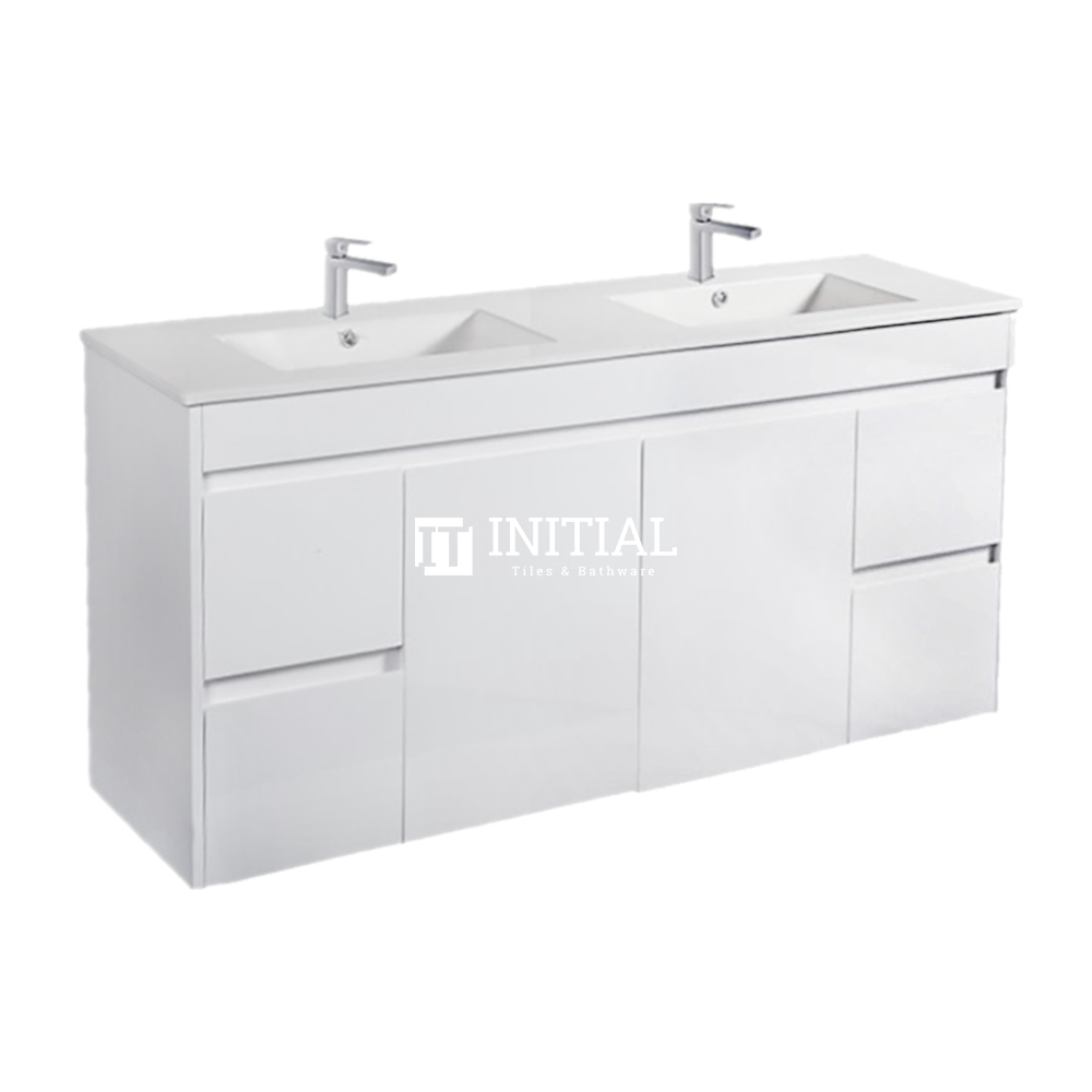 Gloss White PVC Wall Hung Vanity with 2 Doors and 4 Drawers Double Bowls 1490W X 500H X 455D , Cabinet Only