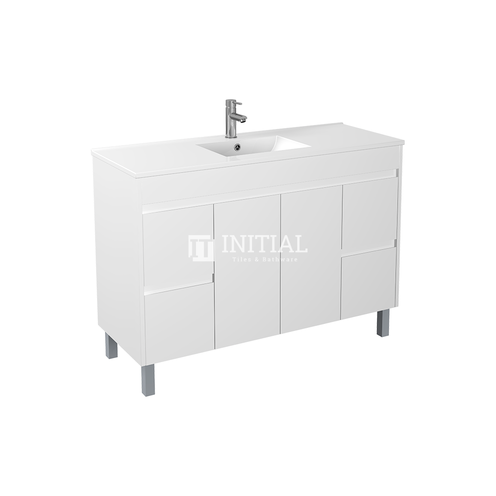 Gloss White PVC Freestanding Floor Vanity with 2 Doors and 4 Drawers Single Bowl 1490W X 850H X 455D , Cabinet Only