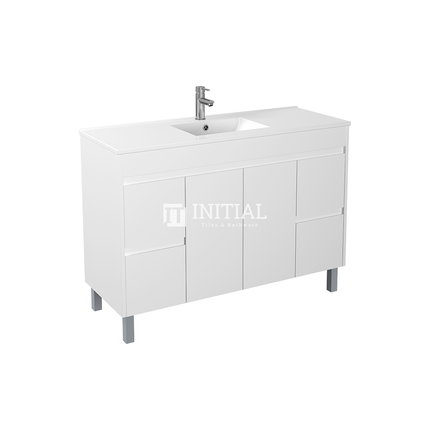 Gloss White PVC Freestanding Floor Vanity with 2 Doors and 4 Drawers Single Bowl 1490W X 850H X 455D , Cabinet Only