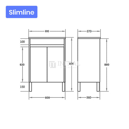 Gloss White PVC Slim Freestanding Floor Vanity with 2 Doors 590W X 850H X 355D ,
