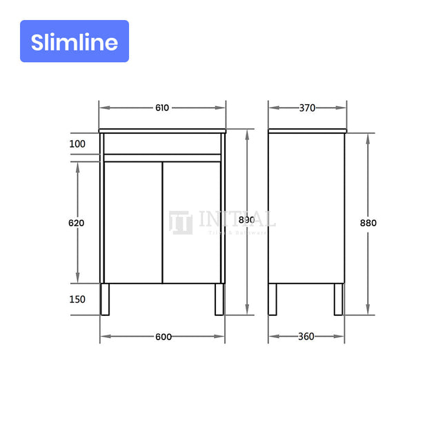 Gloss White PVC Slim Freestanding Floor Vanity with 2 Doors 590W X 850H X 355D ,