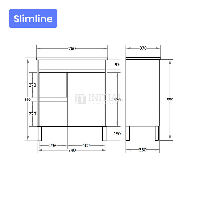 Gloss White PVC Slim Freestanding Floor Vanity with 1 Door and 2 Drawers Left Side 740W X 850H X 355D ,