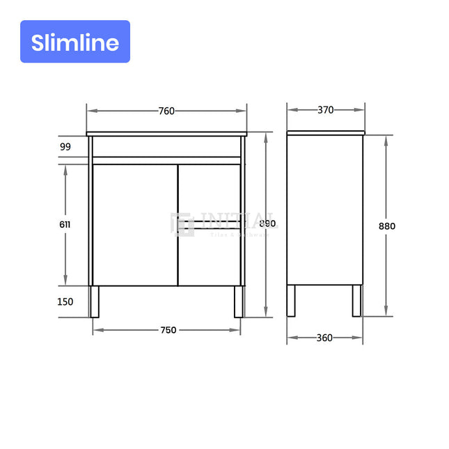 Gloss White PVC Slim Freestanding Floor Vanity with 1 Door and 2 Drawers Right Side 740W X 850H X 355D ,