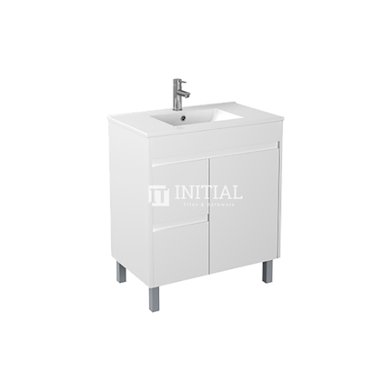 Gloss White PVC Freestanding Floor Vanity with 1 Door and 2 Drawers Left Side 740W X 850H X 455D , Cabinet Only