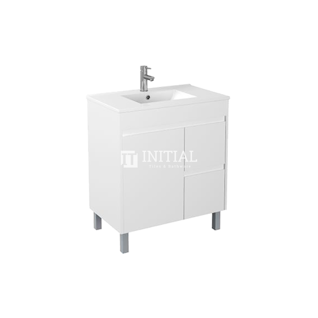 Gloss White PVC Freestanding Floor Vanity with 1 Door and 2 Drawers Right Side 740W X 850H X 455D , Cabinet Only