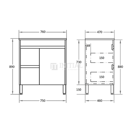 Gloss White PVC Freestanding Floor Vanity with 1 Door and 2 Drawers Left Side 740W X 850H X 455D ,