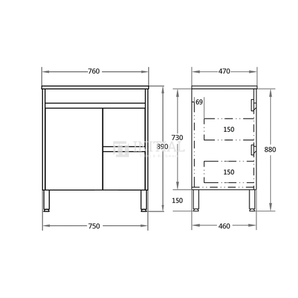 Gloss White PVC Freestanding Floor Vanity with 1 Door and 2 Drawers Right Side 740W X 850H X 455D ,