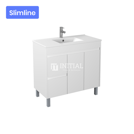 Gloss White PVC Slim Freestanding Floor Vanity with 2 Doors and 2 Drawers Left Side 890W X 850H X 355D , Cabinet Only