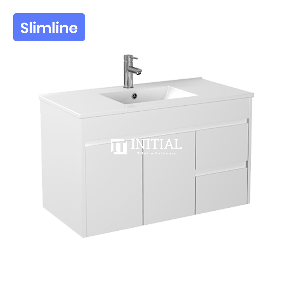 Gloss White PVC Slim Wall Hung Vanity with 2 Doors and 2 Drawers Right Side 890W X 500H X 355D , Cabinet Only