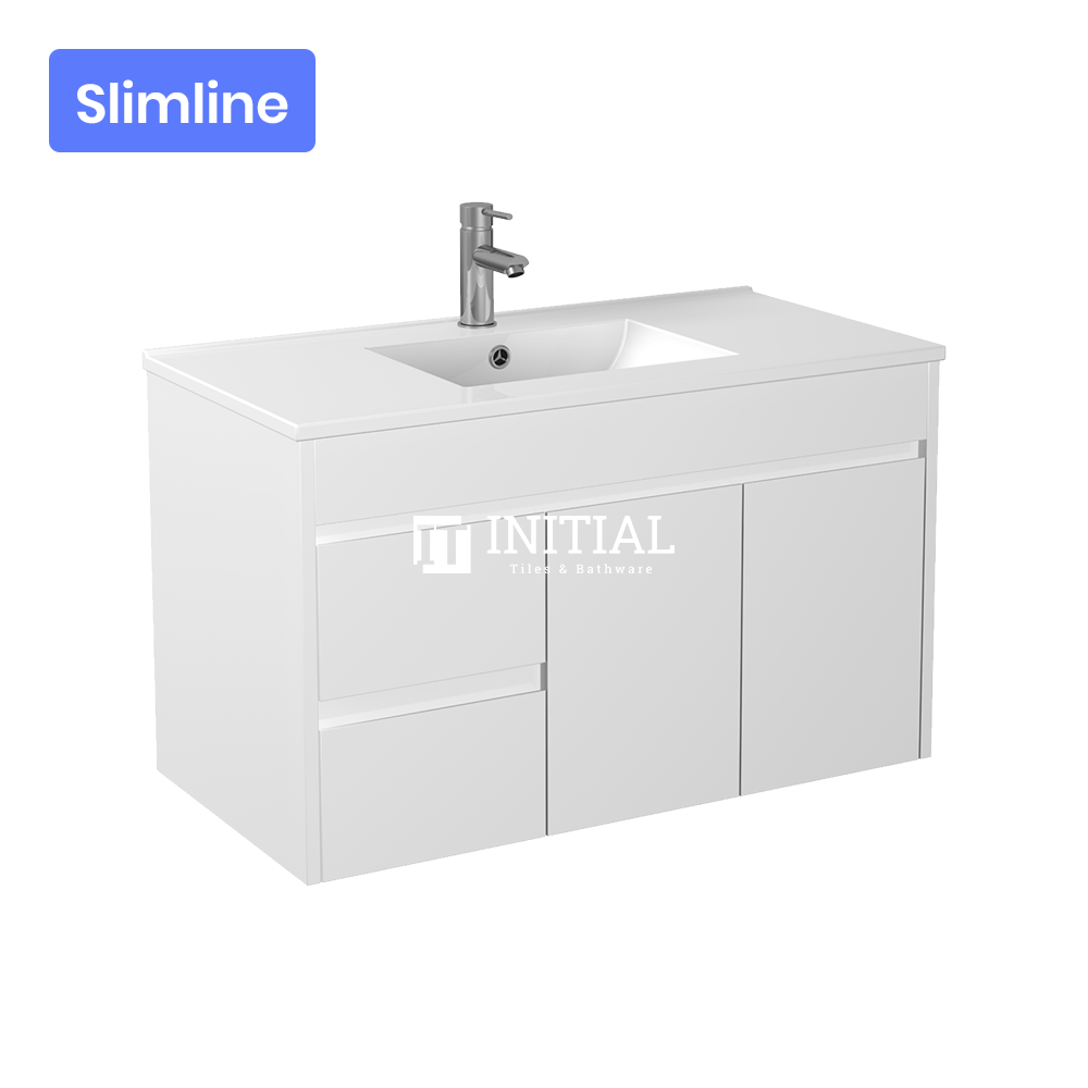 Gloss White PVC Slim Wall Hung Vanity with 2 Doors and 2 Drawers Left Side 890W X 500H X 355D , Cabinet Only