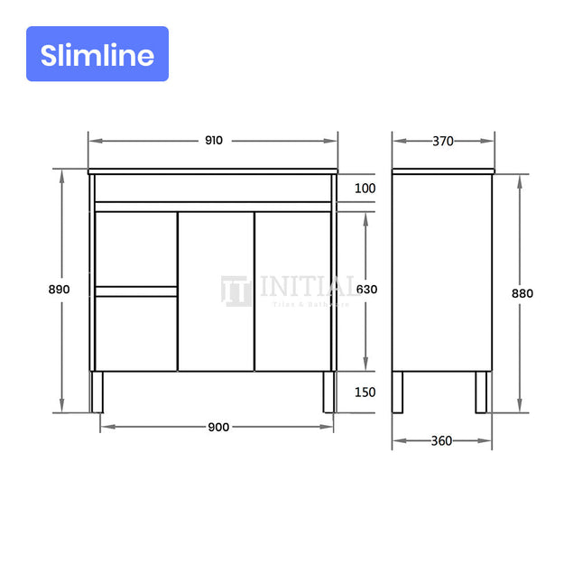 Gloss White PVC Slim Freestanding Floor Vanity with 2 Doors and 2 Drawers Left Side 890W X 850H X 355D ,