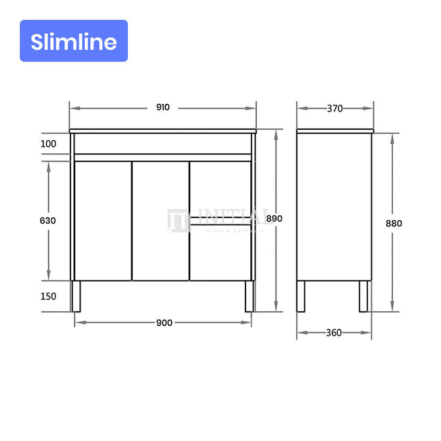 Gloss White PVC Slim Freestanding Floor Vanity with 2 Doors and 2 Drawers Right Side 890W X 850H X 355D ,