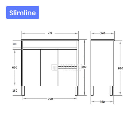 Gloss White PVC Slim Freestanding Floor Vanity with 2 Doors and 2 Drawers Right Side 890W X 850H X 355D ,
