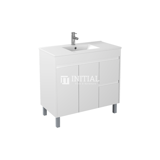 Gloss White PVC Freestanding Floor Vanity with 2 Doors and 2 Drawers Right Side 890W X 850H X 455D , Cabinet Only