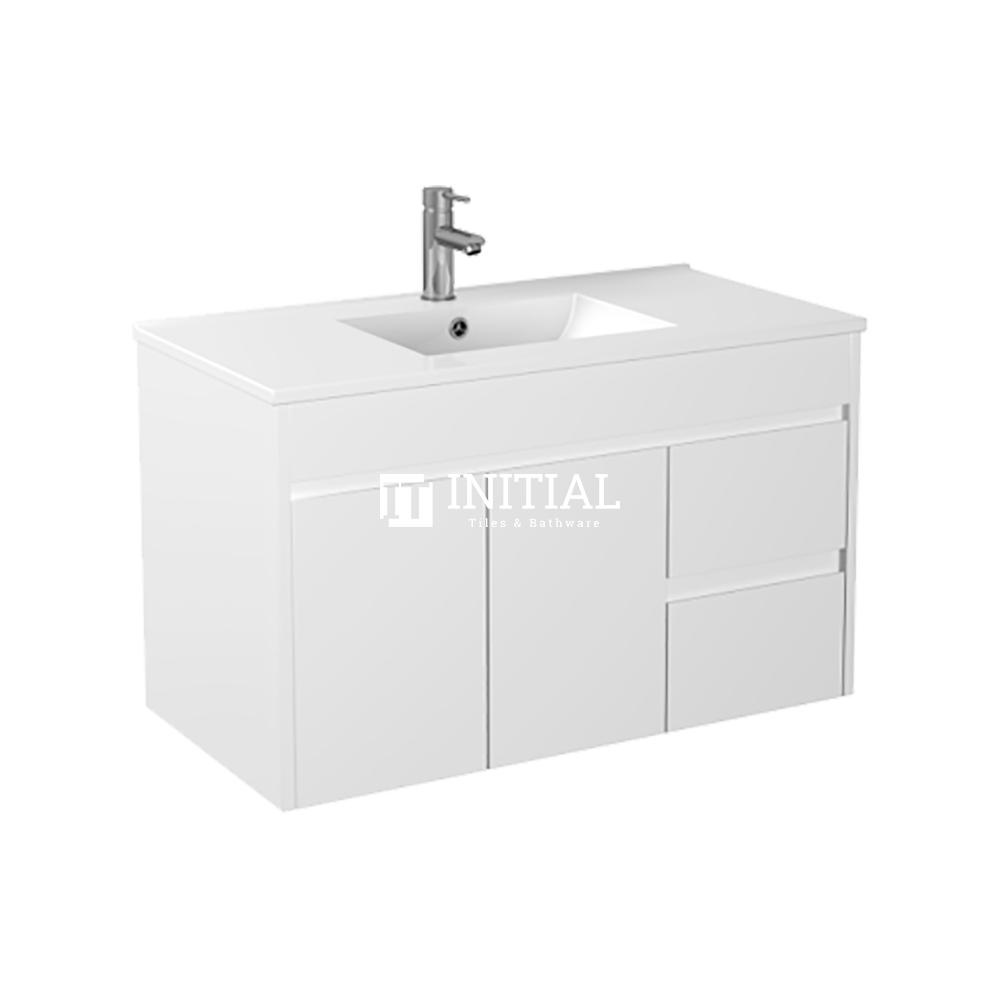 Gloss White PVC Wall Hung Vanity with 2 Doors and 2 Drawers Right Side 890W X 500H X 455D , Cabinet Only