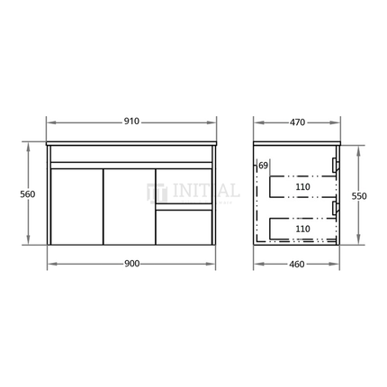 Gloss White PVC Wall Hung Vanity with 2 Doors and 2 Drawers Right Side 890W X 500H X 455D ,