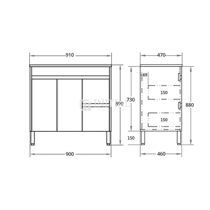 Gloss White PVC Freestanding Floor Vanity with 2 Doors and 2 Drawers Right Side 890W X 850H X 455D ,