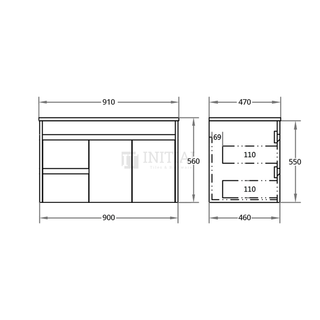 Gloss White PVC Wall Hung Vanity with 2 Doors and 2 Drawers Left Side 890W X 500H X 455D ,