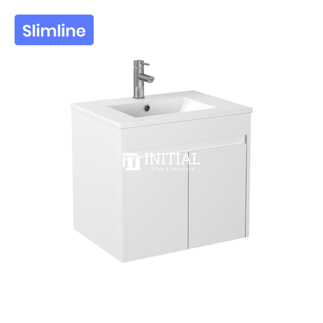 Gloss White PVC Slim Wall Hung Floor Vanity with 2 Door 590W X 500H X 355D , Cabinet Only