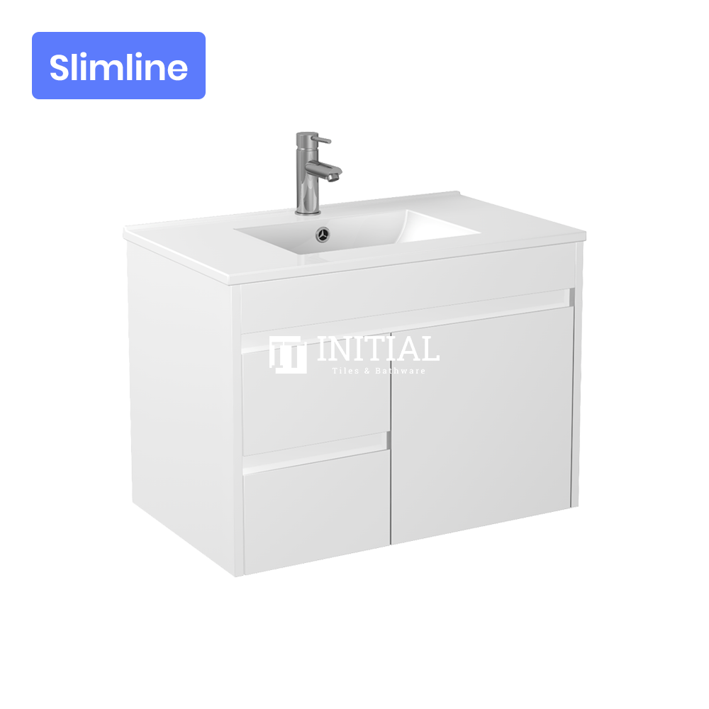 Gloss White PVC Slim Wall Hung Vanity with 1 Door and 2 Drawers Left Side 740W X 500H X 355D , Cabinet Only