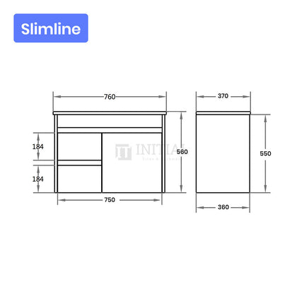 Gloss White PVC Slim Wall Hung Vanity with 1 Door and 2 Drawers Left Side 740W X 500H X 355D ,