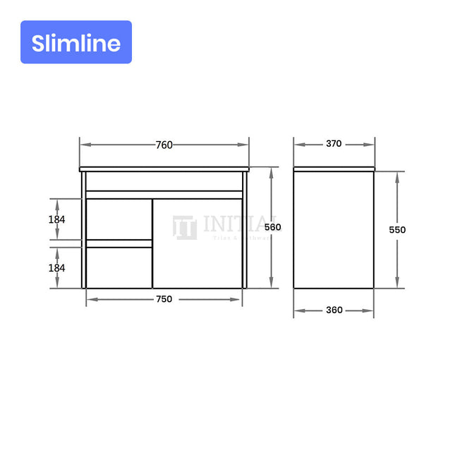 Gloss White PVC Slim Wall Hung Vanity with 1 Door and 2 Drawers Left Side 740W X 500H X 355D ,