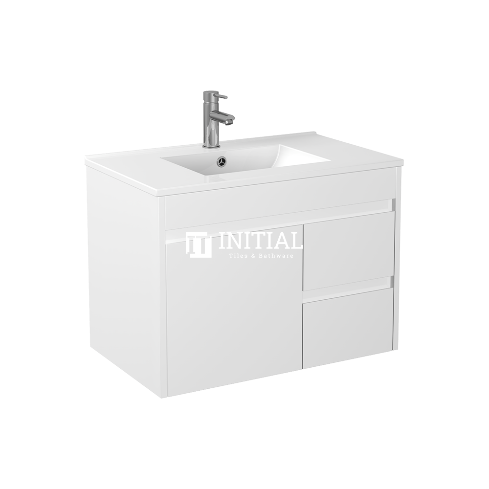 Gloss White PVC Wall Hung Vanity with 1 Door and 2 Drawers Right Side 740W X 500H X 455D , Cabinet Only