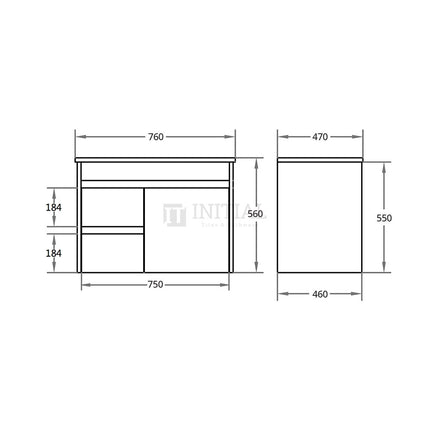 Gloss White PVC Wall Hung Vanity with 1 Door and 2 Drawers Left Side 740W X 500H X 455D ,
