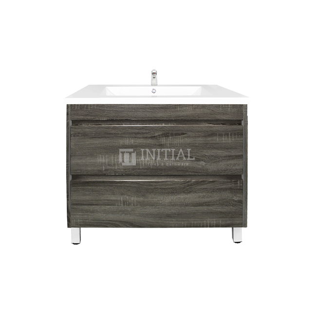 Qubix Series Wood Grain PVC Filmed Freestanding Floor Vanity With 2 Drawers Dark Grey 740W X 850H X 450D ,