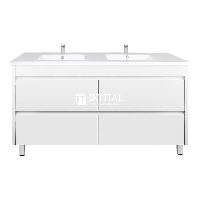 Qubix PVC Filmed Freestanding Floor Vanity With 4 Drawers Double Bowls Matt White 1490W X 850H X 455D ,