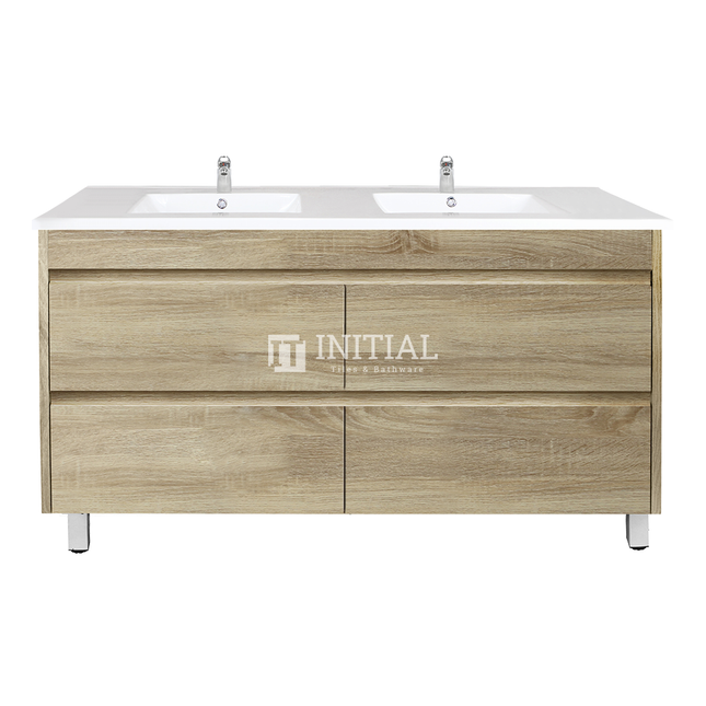 Qubix Wood Grain PVC Filmed Freestanding Floor Vanity With 4 Drawers Double Bowls White Oak 1490W X 850H X 450D ,