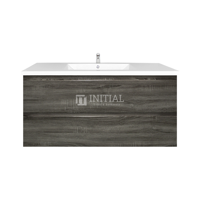 Qubix Wood Grain PVC Filmed Wall Hung Vanity With 2 Drawers Dark Grey 1190W X 550H X 450D ,