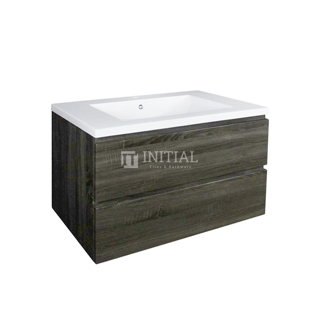 Qubix Wood Grain PVC Filmed Wall Hung Vanity With 2 Drawers Dark Grey 1190W X 550H X 450D ,