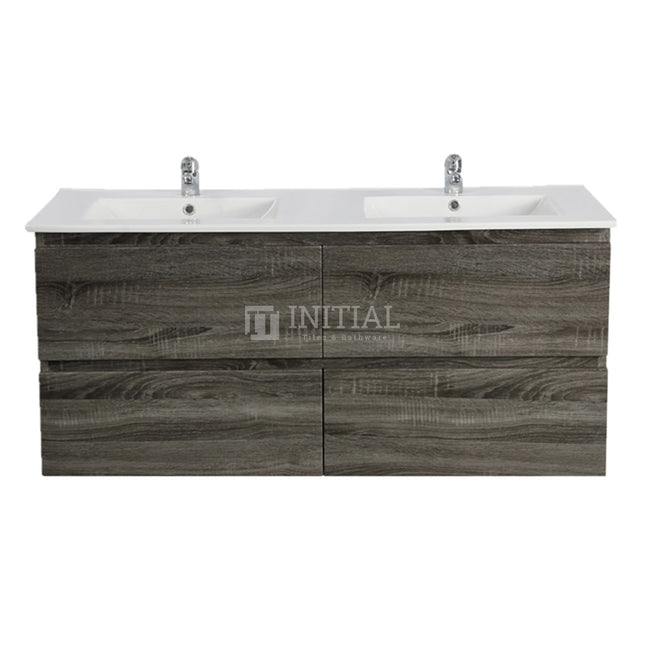 Qubix Wood Grain Wall Hung Vanity Double Bowls Dark Grey 1490W X 550H X 450D ,