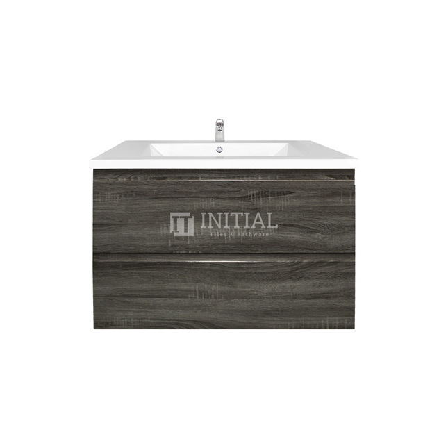 Qubix Series Wood Grain PVC Filmed Wall Hung Vanity With 2 Drawers Dark Oak 740W X 550H X 450D ,