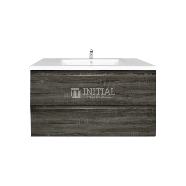 Qubix Wood Grain PVC Filmed Wall Hung Vanity With 2 Drawers Dark Grey 890W X 550H X 450D ,