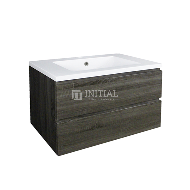 Qubix Wood Grain PVC Filmed Wall Hung Vanity With 2 Drawers Dark Grey 890W X 550H X 450D ,