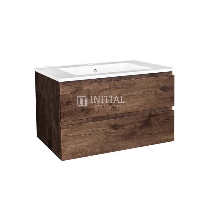 Qubix Series Wood Grain PVC Filmed Wall Hung Vanity With 2 Drawers Dark Oak 740W X 550H X 450D ,