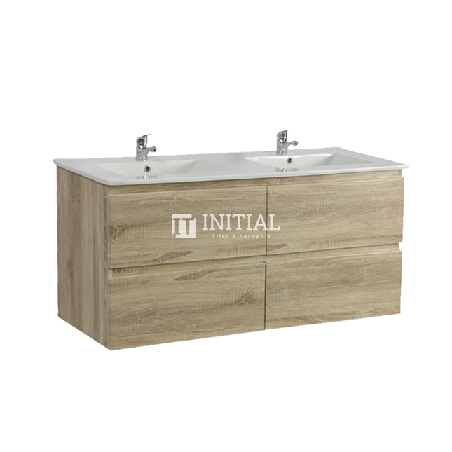 Qubix Wood Grain Wall Hung Vanity Double Bowls White Oak 1190W X 550H X 450D ,