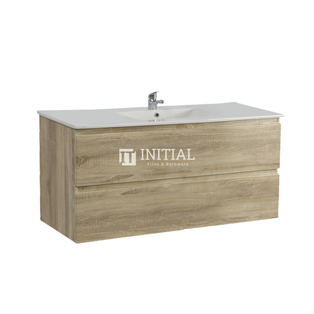 Qubix Wood Grain PVC Filmed Wall Hung Vanity With 2 Drawers White Oak 1190W X 550H X 450D ,