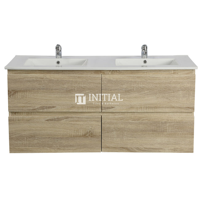 Qubix Wood Grain Wall Hung Vanity With 4 Drawers Double Bowls White Oak 1490W X 550H X 450D ,