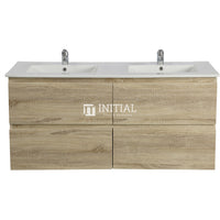 Qubix Wood Grain Wall Hung Vanity With 4 Drawers Double Bowls White Oak 1490W X 550H X 450D ,
