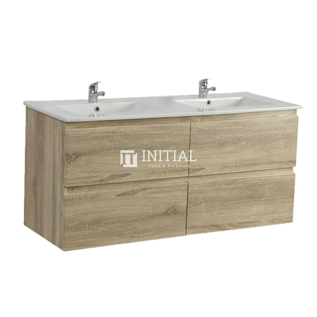 Qubix Wood Grain Wall Hung Vanity With 4 Drawers Double Bowls White Oak 1490W X 550H X 450D ,