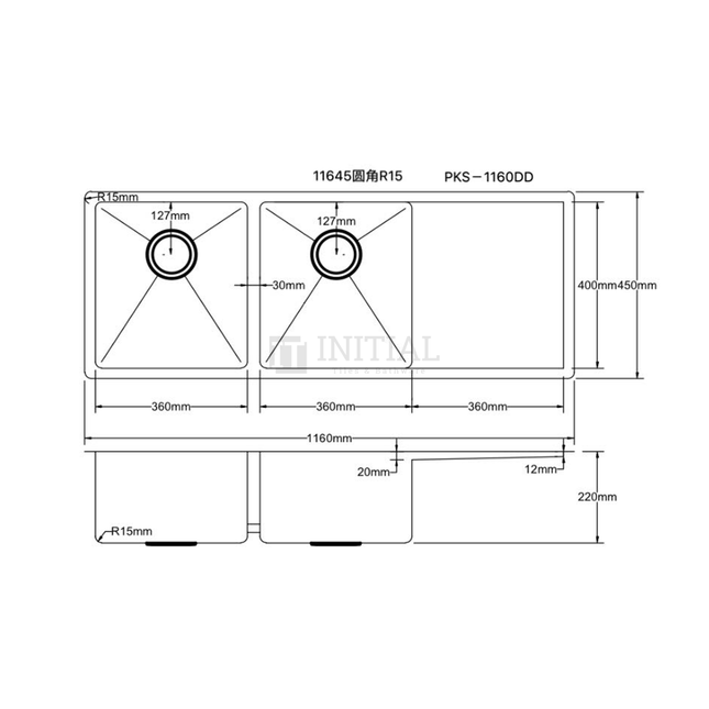 Square Stainless Steel Kitchen Sink with Drainboard 1160X450X220 ,