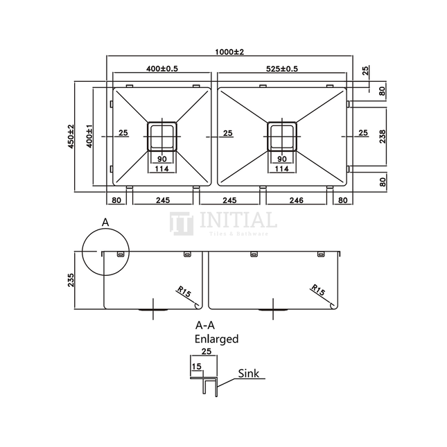 Square Stainless Steel Kitchen Sink 1000X450X235 ,