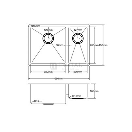 Square Hand Made Stainless Steel Kitchen Sink 660X450X220 ,