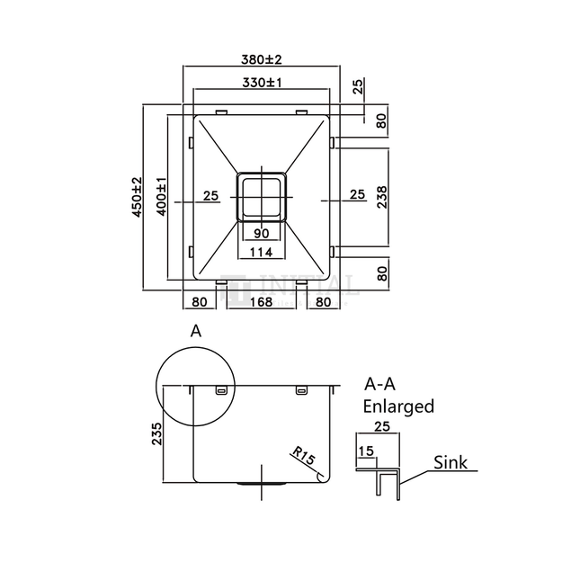 Square Hand Made Stainless Steel Kitchen Sink 380X450X235 ,