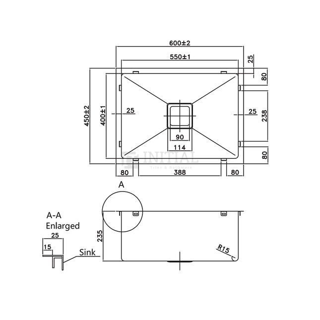 Square Hand Made Stainless Steel Kitchen Sink 600X450X235 ,